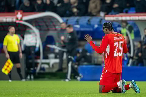 Switzerland's Joel Monteiro celebrates after scoring a goal during an international friendly soccer match between Switzerland and Germany in Basel, Switzerland.