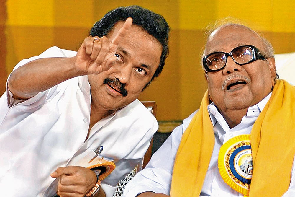 Father-Son: M. Karunanidhi with his son and Chief Minister M. K. Stalin, who has gone all out to consolidate his power by expanding the concept of social justice - null
