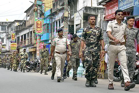 Security personnel patrol as a safety measure ahead of the West Bengal Assembly elections, in Murshidabad.