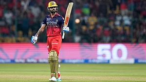 AP : Royal Challengers Bengaluru's Virat Kohli celebrates his fifty runs during their Indian Premier League match against Sunrisers Hyderabad in Bengaluru.