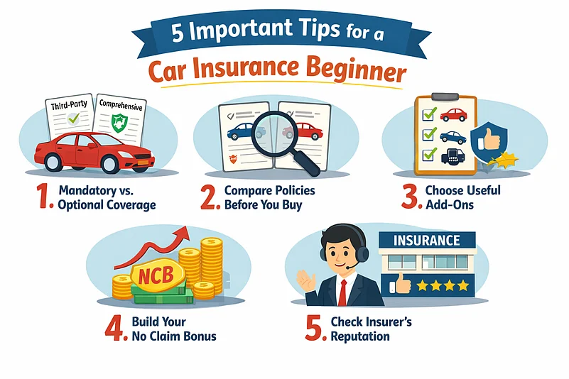 Infographic showing 5 important tips for car insurance beginners