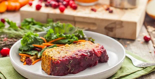 Lentil loaf with cranberry glaze and salad