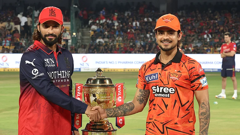Rajat Patidar and Ishan Kishan at the toss ahead of Royal Challengers Bengaluru and Sunrisers Hyderabad IPL 2026 clash at M Chinnaswamy Stadium in Bengaluru. - IPL/X