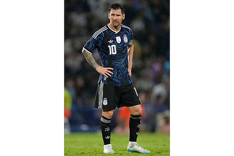 Argentina's Lione Mesi looks on during a friendly soccer match against Argentina in Buenos Aires, Argentina.