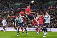 ENG 1-1 URU, FIFA International Friendly: England Held As Valverde's Penalty Denies Victory | Photo: AP/Alastair Grant : England's Dominic Solanke heads the ball during the international friendly soccer match between England and Uruguay in London.