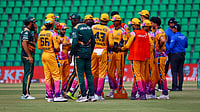 thepslt20/x : Peshawar Zalmi cricketers celebrate a wicket against Rawalpindi Pindiz during PSL 2026 clash at Lahore. 