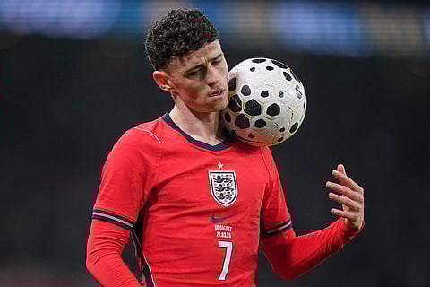 England's Phil Foden holds the ball during the international friendly soccer match between England and Uruguay in London.