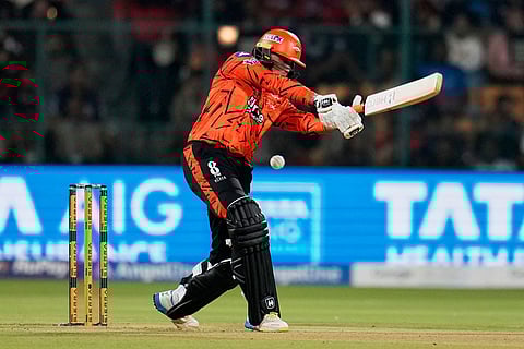 Sunrisers Hyderabad's Abhishek Sharma bats during the Indian Premier League cricket match between Royal Challengers Bengaluru and Sunrisers Hyderabad in Bengaluru, India.