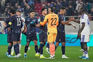 | Photo: AP/Thanassis Stavrakis : Paraguay's players celebrate their victory at the international friendly soccer match between Greece and Paraguay in Piraeus, Greece.
