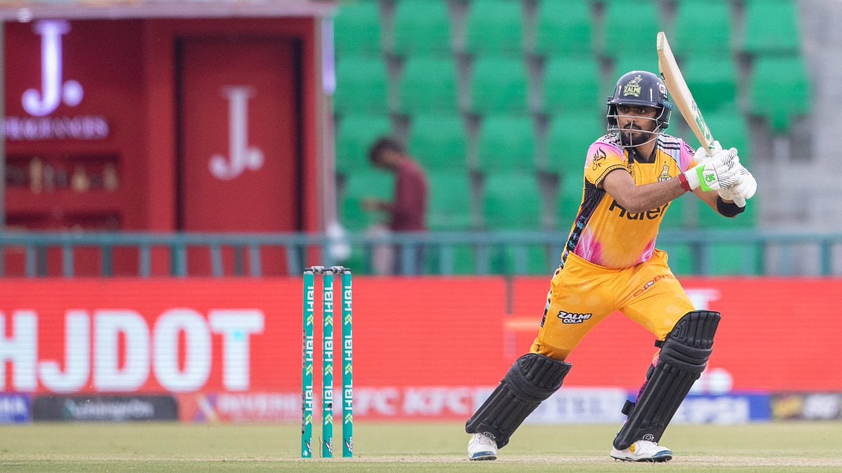 Babar Azam in action for Peshawar Zalmi against Rawalpindi Pindiz in PSL 2026 at Lahore.  - thepslt20/X