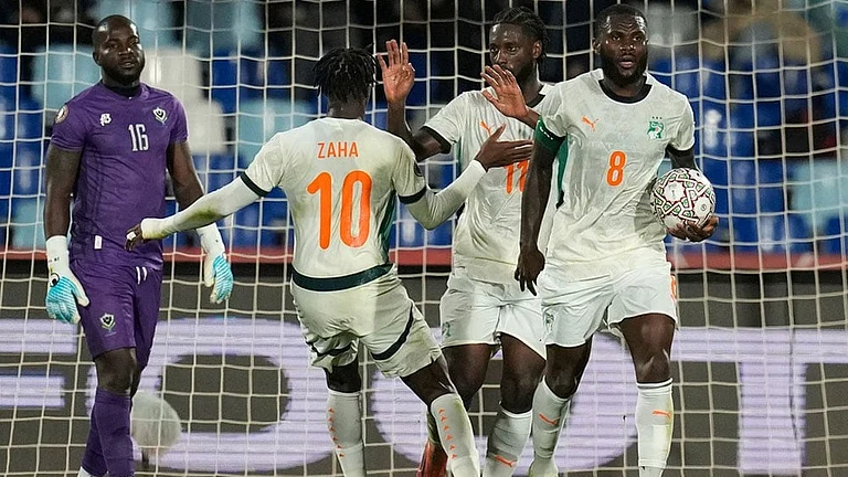 Ivory Coast players celebrate after Jean-Philippe Krasso scores during the Africa Cup of Nations group F soccer match between Gabon and Ivory Coast, in Marrakech, Morocco. - | Photo: AP/Themba Hadebe