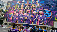 (AP Photo/Bikas Das) : Supporters of Kolkata Knight Riders cheer in front of the facade of the Eden Gardens stadium ahead of their Indian Premier League cricket match against Mumbai Indians in Mumbai, India, Sunday, March 29, 2026.