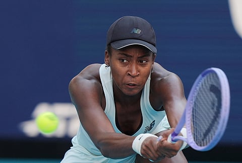 Coco Gauff returns to Aryna Sabalenka during the women's singles final at the Miami Open tennis tournament in Miami Gardens, Florida.