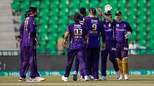 thepslt20/X : Quetta Gladiators celebrating a wicket against Hyderabad Kingsmen in PSL 2026 at Lahore.