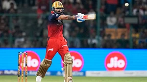 | Photo: AP/Aijaz Rahi : Royal Challengers Bengaluru's Virat Kohli plays a shot during the Indian Premier League cricket match between Royal Challengers Bengaluru and Sunrisers Hyderabad in Bengaluru, India, Saturday, March 28, 2026.