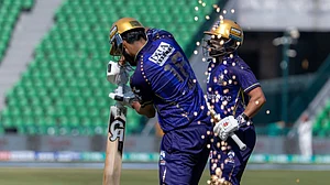 thepslt20/x : Quetta Gladiators openers in action against Hyderabad Kingsmen in PSL 2026 match at Lahore.