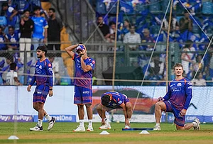 | Photo: PTI/Kunal Patil : Mumbai Indians' Rohit Sharma, second left, Ryan Rickelton, right, and others before an Indian Premier League (IPL) 2026 T20 cricket match between Mumbai Indians and Kolkata Knight Riders, at the Wankhede Stadium, in Mumbai, Maharashtra.