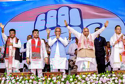 Congress President Mallikarjun Kharge, party leader Bhupesh Baghel, the party's Assam chief and candidate from Jorhat constituency Gaurav Gogoi and others during a public meeting ahead of the state Assembly elections, in Naoboicha. 