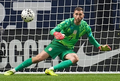 United States goalkeeper Matt Turner (1) eyes the ball on a shot from Belgium during the second half of an international friendly soccer match, in Atlanta.
