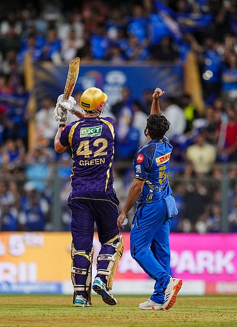 Mumbai Indians' Shardul Thakur celebrates the wicket of Kolkata Knight Riders' Cameron Green during an Indian Premier League (IPL) 2026 T20 cricket match between Mumbai Indians and Kolkata Knight Riders, at the Wankhede Stadium, in Mumbai, Maharashtra.