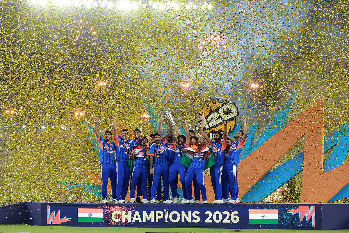 Ahmedabad, Gujarat, India (IND): The Champions Indian team receives the Trophy during Finals of ICC Men s T20 World Cup 2026 between India and New Zealand at Narendra Modi Stadium, Ahmedabad, Gujarat, India on 8 March 2026.  - null