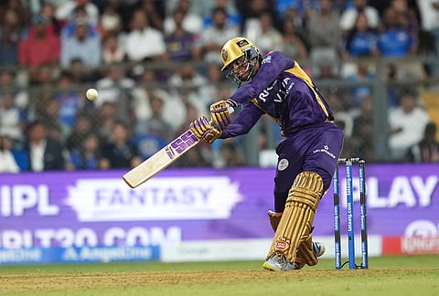 Kolkata Knight Riders' Angkrish Raghuvanshi plays a shot during the Indian Premier League cricket match between Mumbai Indians and Kolkata Knight Riders in Mumbai.