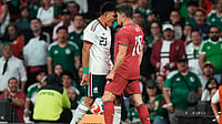 | Photo: AP/Fernando Llano : Mexico's Jesus Gallardo, left, argues with Portugal's Pedro Neto during the international friendly soccer match between Mexico and Portugal in Mexico City, Saturday, March 28, 2026.