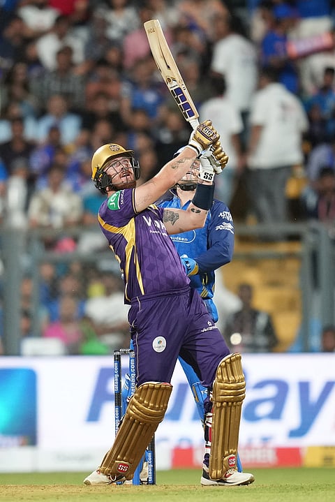 Kolkata Knight Riders' Finn Allen plays a shot during the Indian Premier League cricket match between Mumbai Indians and Kolkata Knight Riders in Mumbai.