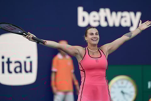 Aryna Sabalenka reacts after defeating Coco Gauff in the women's singles final at the Miami Open tennis tournament, in Miami Gardens, Florida.