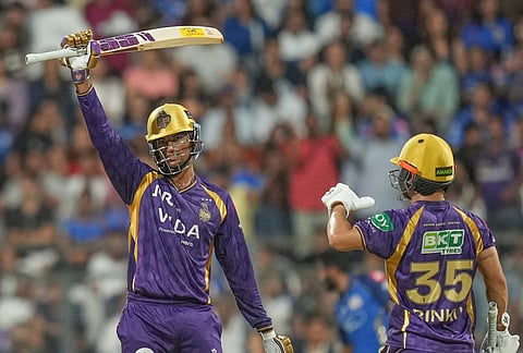 Kolkata Knight Riders' Angkrish Raghuvanshi celebrates his fifty runs during the Indian Premier League cricket match between Mumbai Indians and Kolkata Knight Riders in Mumbai.