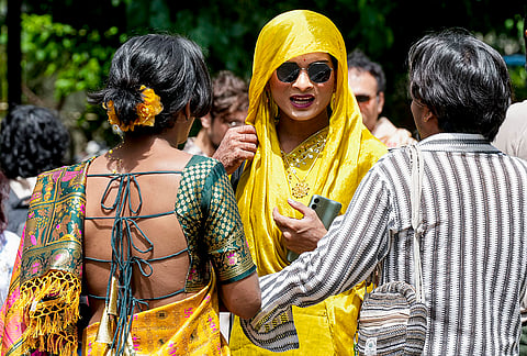 Supporters of the LGBTQIA+ community during a protest against the passage of the Transgender Persons (Protection of Rights) Amendment Bill, 2026, at Jantar Mantar in New Delhi.