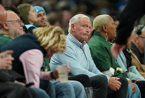 Milwaukee Bucks owner Jimmy Haslam looks on during the second half of an NBA basketball game against the San Antonio Spurs, in Milwaukee.