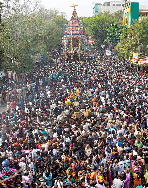People participate in the annual car festival of the 'Kapaleeshwarar Temple' at Mylapore, in Chennai, Tamil Nadu.