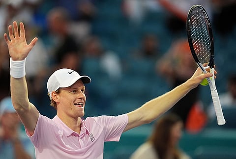 Jannik Sinner of Italy celebrates after defeating Jiri Lehecka of the Czech Republic in the men's singles final at the Miami Open tennis tournament in Miami Gardens, Florida. 