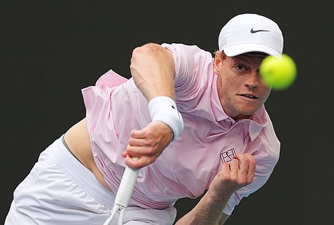 Jannik Sinner of Italy serves against Jiri Lehecka of the Czech Republic in the men's singles final at the Miami Open tennis tournament, in Miami Gardens, Florida.