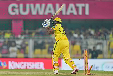 Chennai Super Kings' Sanju Samson is bowled out during the Indian Premier League cricket match between Chennai Super Kings and Rajasthan Royals in Guwahati.