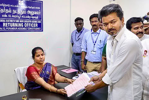 Tamilaga Vettri Kazhagam (TVK) chief and actor Vijay files his nomination papers for the Tamil Nadu Assembly elections from the Perambur constituency at the Returning Officer's office, in Chennai. 