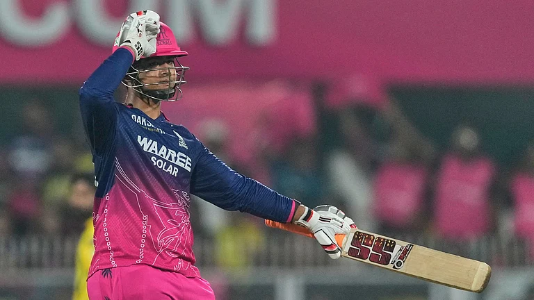 Rajasthan Royals' Vaibhav Suryavanshi celebrates his fifty runs during the Indian Premier League match against Chennai Super Kings in Guwahati. - AP