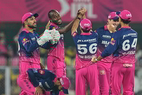 Rajasthan Royals' Jofra Archer, second left, celebrates with teammates the wicket of Chennai Super Kings' Noor Ahmed during the Indian Premier League cricket match between Chennai Super Kings and Rajasthan Royals in Guwahati.