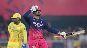 IPL/X : Rajasthan Royals' Vaibhav Sooryavanshi celebrates his fifty runs during the Indian Premier League cricket match between Chennai Super Kings and Rajasthan Royals in Guwahati.