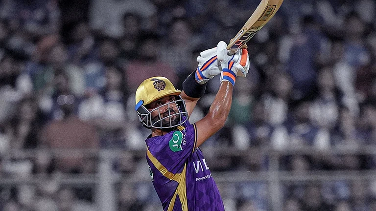 Ajinkya Rahane in action for KKR against MI during IPL 2026 clash at the Wankhede Stadium in Mumbai. - KKRiders/X