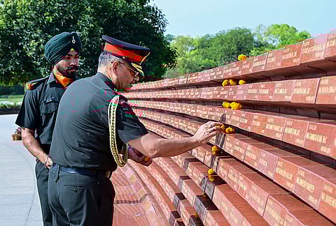 Vice Chief of the Army Staff Lt. General Pushpendra Pal Singh pays tribute at the National War Memorial after relinquishing the appointment of Vice Chief of the Army Staff (VCOAS), in New Delhi. 