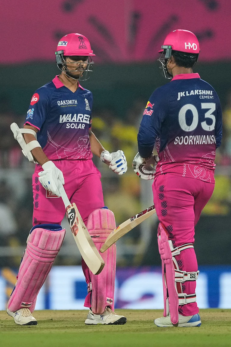 Rajasthan Royals' Yashasvi Jaiswal, left, and his batting partner Vaibhav Sooryavanshi during the Indian Premier League cricket match between Chennai Super Kings and Rajasthan Royals in Guwahati, India, Monday, March 30, 2026. - AP Photo