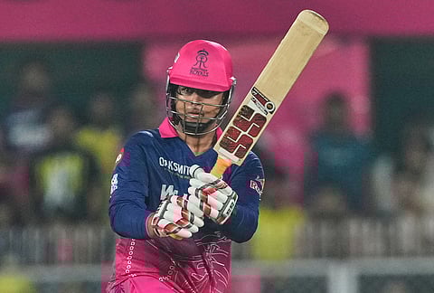 Rajasthan Royals' Vaibhav Sooryavanshi watches the ball after playing a shot during the Indian Premier League cricket match between Chennai Super Kings and Rajasthan Royals in Guwahati.