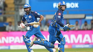 | Photo: AP/Rafiq Maqbool : Mumbai Indians' Rohit Sharma, left, and Ryan Rickelton run between the wickets during the Indian Premier League cricket match between Mumbai Indians and Kolkata Knight Riders in Mumbai, India, Sunday, March 29, 2026.