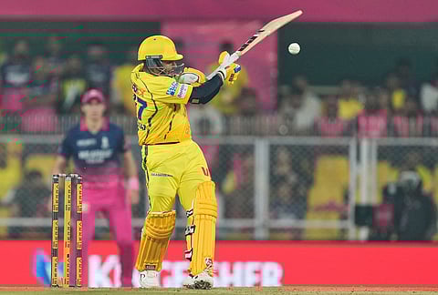 Chennai Super Kings' Sarfaraz Khan plays a shot during the Indian Premier League cricket match between Chennai Super Kings and Rajasthan Royals in Guwahati.