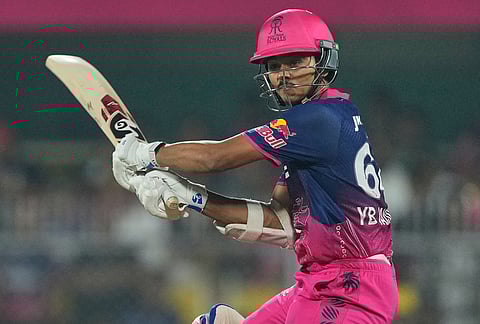 Rajasthan Royals Yashasvi Jaiswal plays a shot during the Indian Premier League cricket match between Chennai Super Kings and Rajasthan Royals in Guwahati.