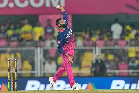 Rajasthan Royals' Ravindra Jadeja bowls a delivery during the Indian Premier League cricket match between Chennai Super Kings and Rajasthan Royals in Guwahati.