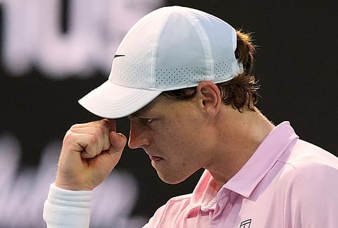 Jannik Sinner of Italy celebrates after winning a point against Jiri Lehecka of the Czech Republic in the men's singles final at the Miami Open tennis tournament, in Miami Gardens, Florida.
