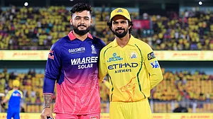 X/Indian Premier League : Captains Riyan Parag (left) and Ruturaj Gaikwad at the toss for the Indian Premier League 2026 match between Rajasthan Royals and Chennai Super Kings in Guwahati.